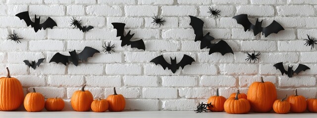 Halloween composition with pumpkins and black paper bats on a white brick wall background.