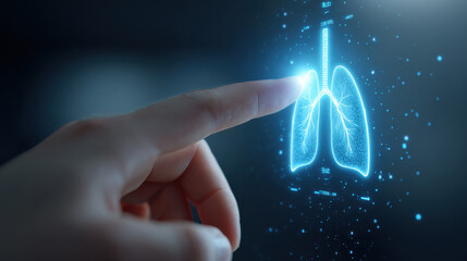 Lung health ai diagnosis digital medical technology interface anatomy blue human finger touch screen futuristic science healthcare innovation data