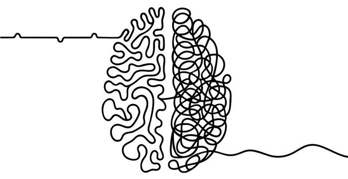 line art of human brain divided into two hemispheres, one side chaotic tangled lines representing emotions and intuition, the other structured curves symbolizing logic and order