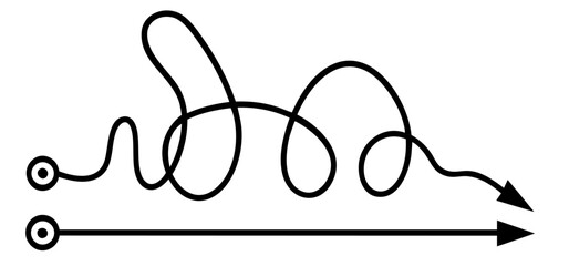 two paths to a goal with one tangled complex line and one straight arrow, choice between simple and difficult solutions, efficiency, strategy, decision making, business planning, problem solving