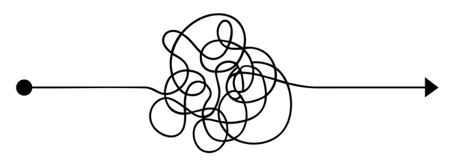 single path from start to goal passing through a tangled knot of lines, challenges, obstacles, confusion, problem solving, perseverance, resilience, journey toward success in psychology, business