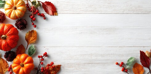 Autumnal Thanksgiving background with pumpkins leaves and berries on white wood.