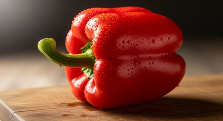 Fresh red bell pepper still life on a wooden board surface