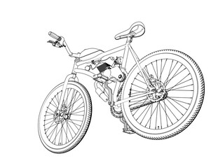 Obraz premium Retro Motorized Push Bike Blueprint: Vintage Style Technical Drawing of a Gas Powered Bicycle with Internal Combustion Engine Kit. Outline Illustration for Custom Two-Wheeler.