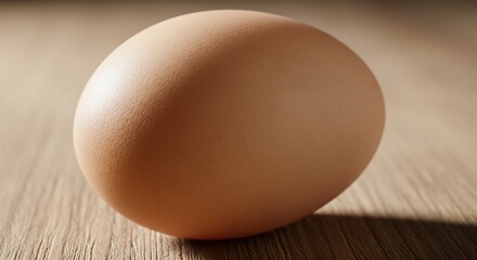 Single brown egg resting softly on a textured wooden surface.