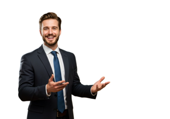 Smiling businessman in suit making a presentation gesture, isolated on white background