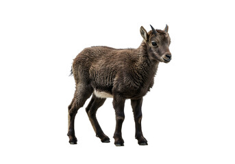 Majestic isolated image of a young goat against a clean white backdrop, revealing its detailed fur and delicate horns, creating a charming animal portrait.