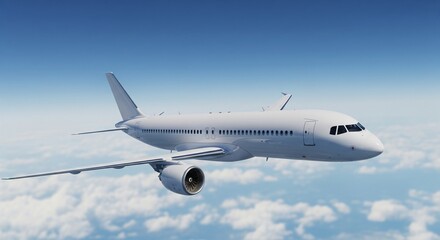 White Airplane in Flight Over Fluffy Clouds and Blue Sky
