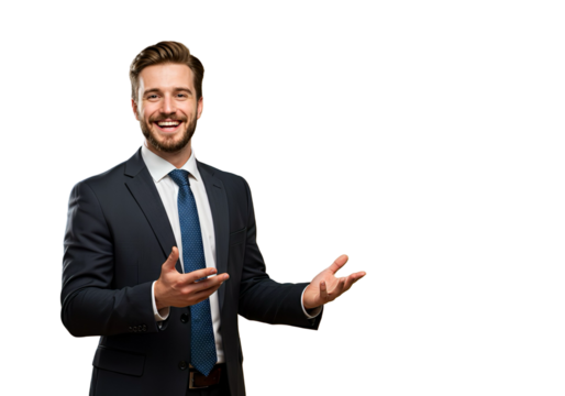 Smiling businessman in suit making a presentation gesture, isolated on white background