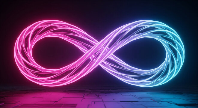 A luminous, endless infinity symbol glows brightly with vibrant pink neon light, set against a dark, starry background