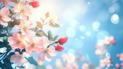 Fototapeta premium Delicate pink blossoms in ethereal springtime light against soft blue backdrop