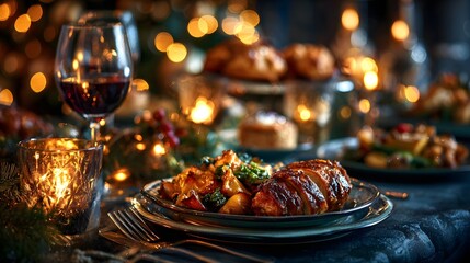 Roast chicken with vegetables and wine on a festive table setting, surrounded by candlelight and Christmas decor, perfect for holiday menus, seasonal ads