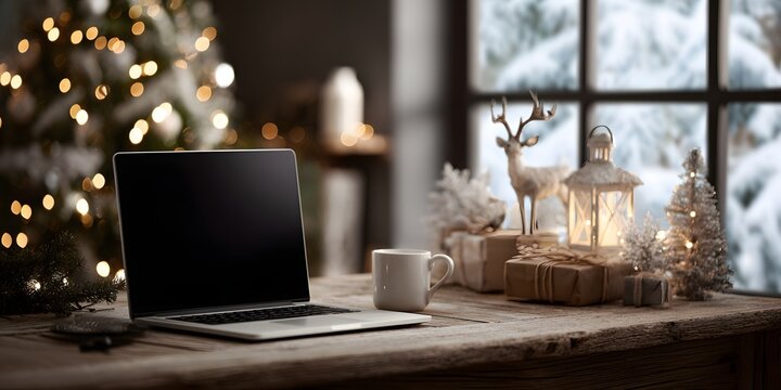 Laptop and coffee on rustic desk with Christmas tree and snowy window in background, perfect for remote work themes, seasonal blog content