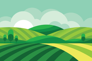 Obraz premium Rolling Green Hills with Striped Fields, Sunny Sky, and Cartoon Trees Landscape Illustration