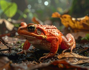 Close-up of a remarkable orange frog, a fascinating amphibian native to Madagascar's diverse ecosystem