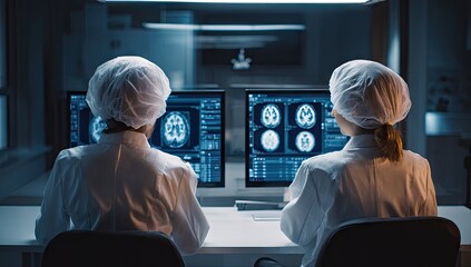 Two doctors in a dark laboratory analyzing brain MRI scans on computer screens.