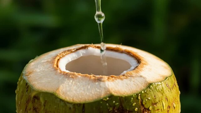 Water is being poured into a fresh green coconut with a blurred green background and water droplets