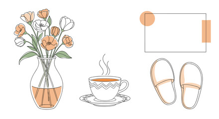 Cozy morning still life with flowers coffee and slippers featuring abstract shapes and pastel hues