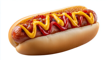 Realistic gourmet hot dog isolated, ketchup and mustard swirl, minimal food photography, white background.