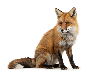 Obraz premium Captivating portrait of a red fox sitting attentively against a clean white background, showcasing its beautiful fur and alert expression in the studio.