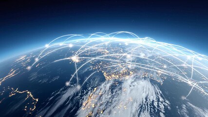 Global network connections, digital earth with glowing lines representing data transfer, highlighting technological connectivity. - Powered by Adobe