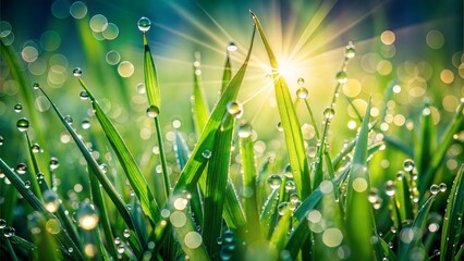 Fototapeta premium Dewdrops on Grass Blades with Sunburst water droplets.