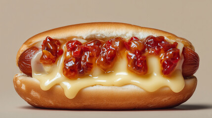 Minimalist advertising shot of hot dog with melted mozzarella and tomato relish, glossy textures, plain background.