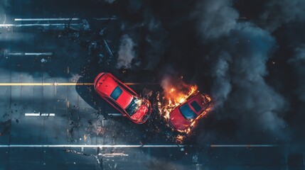 Red car accident on the highway, top view of two cars after another collision in a traffic jam, broken and damaged vehicles with black smoke from a fire.