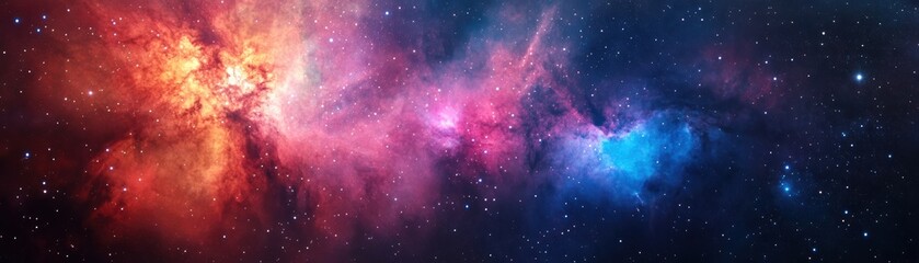 Fototapeta premium A vibrant cosmic scene showcasing swirling nebulae in shades of red, orange, pink, and blue against a dark starry background.