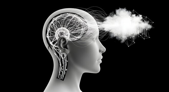 Minimalist profile view of an android head with a neural network flowing into a data cloud