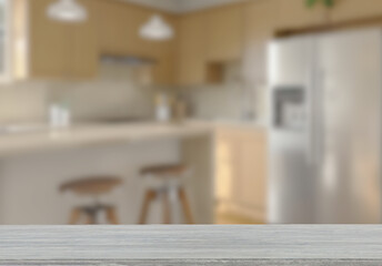 Empty wooden top table with blurred kitchen interior Background. for product display