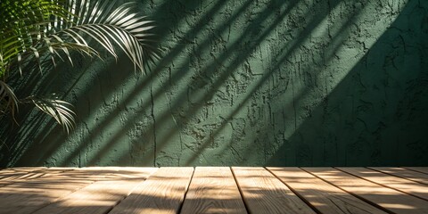 Lush jungle foliage casts dappled light shadows on a textured green wall and wooden floor