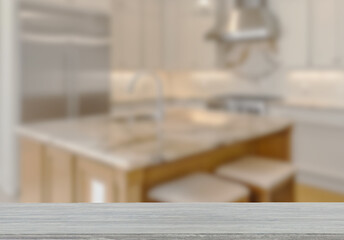 Empty wooden top table with blurred kitchen interior Background. for product display