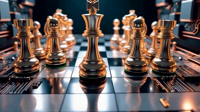 Golden Chess Pieces on a Digital Chessboard with a Focused King Piece