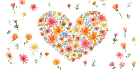 手描きのお花で形作られたハートのイラスト
