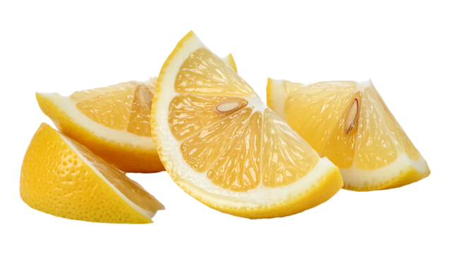 Lemon wedge isolated on white cutout. Citrus slice used for juice packaging, beverage garnish and food advertising.