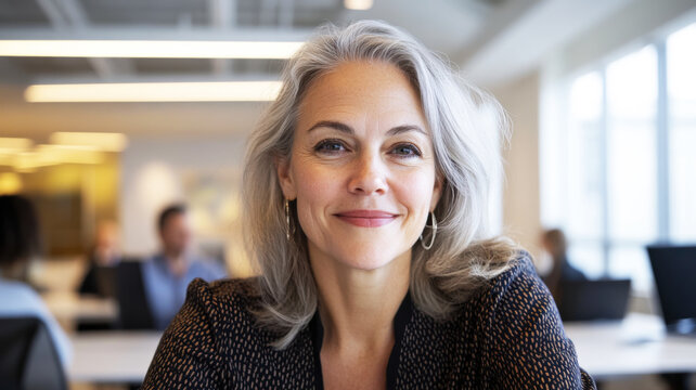 Middle-aged Caucasian woman reviewing questionnaire interface on laptop in open-plan office with diverse group in soft focus. Survey research answer checklist