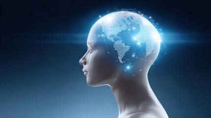 A futuristic representation of a human head with a digital globe, symbolizing technology, innovation, and global connectivity.