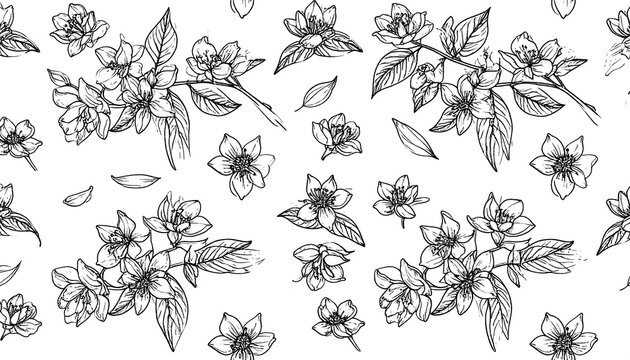 Delicate floral repeat pattern with hand drawn jasmine flowers and leaves - Powered by Adobe