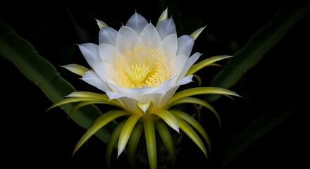 Delicate white dragon fruit flower blooms with vibrant yellow center