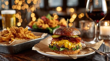 Gourmet Burger with Crispy Fries and Drinks in a Cozy Restaurant Setting for an Evening Meal