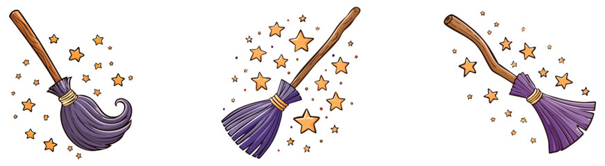 Set of three witches brooms with stars, cartoon halloween clipart, isolated 