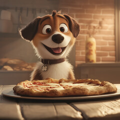 Cute dog in front of a pizza