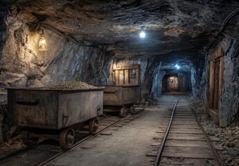 Underground Riches A Glimpse Inside a Historic Mining Tunnel with Ore-Filled Carts