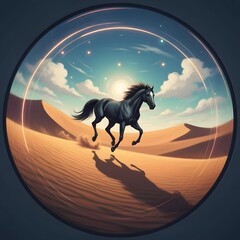 A Black Stallion's Majestic Gallop Across Golden Sands Under a Celestial Dome