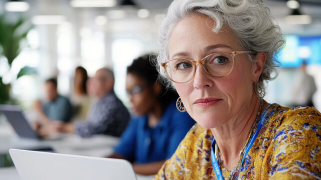 Middle-aged white woman reviewing a questionnaire interface in an open-plan office setting. Survey research answer checklist - Powered by Adobe