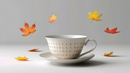 Elegant teacup adorned with golden binary code floats amidst vibrant autumn leaves, symbolizing the fusion of technology and nature's beauty in a modern aesthetic.