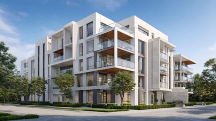 Luxury Condominium Building Exterior with Balconies and Lush Greenery, a Blend of Modern Architecture