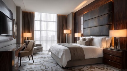Elegant Hotel Room Interior with Luxurious Bedding and City View in Modern Decor