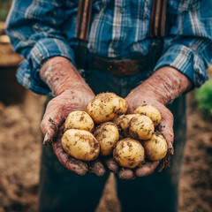 Farmer holding freshly harvested potatoes in farm